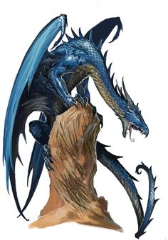 a drawing of a blue dragon on top of a rock with it's mouth open