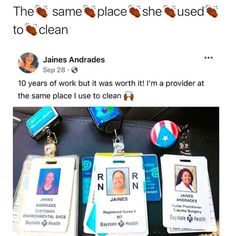 some id cards are on top of a black bag and one has a name tag that says, the same place she used to clean