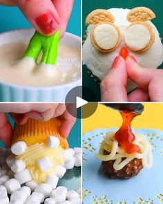 there are four pictures with different food items in the same photo, including marshmallows and pretzels