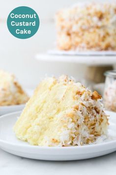 coconut custard cake on a white plate