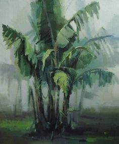 a painting of a palm tree in the rain