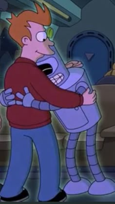 two cartoon characters hugging each other in a room