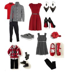 a bunch of clothes and shoes are arranged on a white surface, including red sweaters