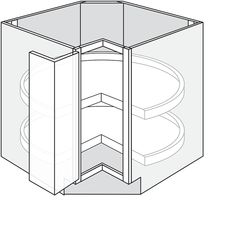 an outline drawing of a corner cabinet with the door open