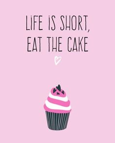 a cupcake with pink frosting and hearts on it that says life is short, eat the cake