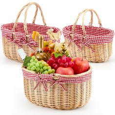 two wicker baskets filled with different types of fruit