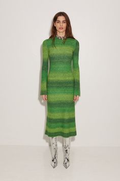 Axon Dress in Gummy Green Multi Striped Sweater Dress, Simon Miller, Crisp White Shirt, Ribbed Dresses, Vogue Fashion, Long Sleeve Midi, Midi Length Dress, Stripe Sweater, Stripe Print