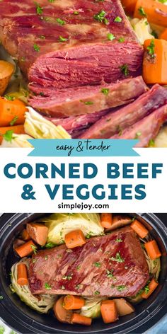 corned beef and veggies in a slow cooker with text overlay