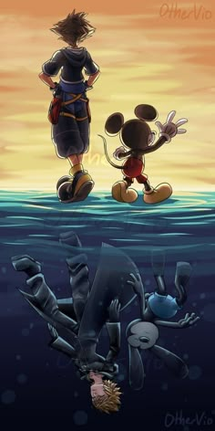 two cartoon characters standing in the water