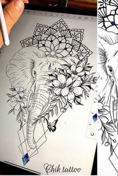 an elephant with flowers on it's head and another drawing