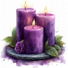 three purple candles sitting on top of a stone plate next to a rose and leaves