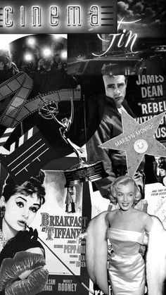 black and white photograph of marilyn monroe in front of movie posters with the words cinema on them