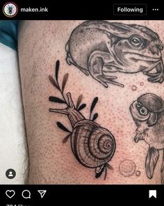 an image of a tattoo on the thigh with animals and snails in black ink