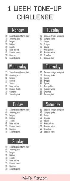 the week's menu for this one - tone up challenge is shown in black and white