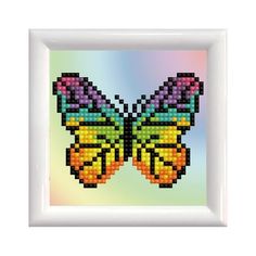 an image of a cross stitched butterfly in a white frame on a colorful background