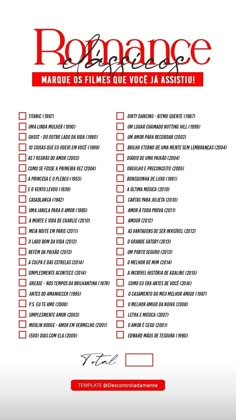 a red and white checklist with the words romance written in black ink on it