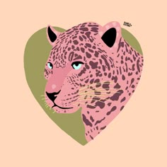 a pink leopard with black spots on it's head and green leaves in the shape of a heart