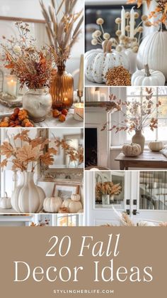 fall decor ideas with white pumpkins and leaves