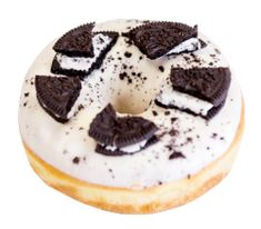 an oreo cookie doughnut with white frosting and black cookies on the top