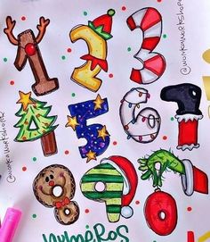 a sheet of paper that has some christmas themed items on it, including letters and numbers