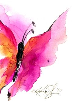 a watercolor painting of a pink and orange butterfly with its wings spread wide open