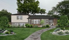 this is a computer rendering of a house in the yard with landscaping and trees around it