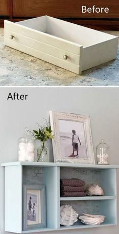 the before and after shots of an old dresser makeover with paint, shelving, and other items