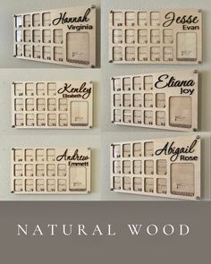 four wooden plaques with names on them and the words natural wood written in black ink