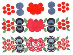 an image of flowers and circles on white paper with red, blue, and black designs