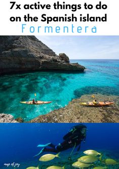 two pictures with the words 7 active things to do on the spanish island for mentera