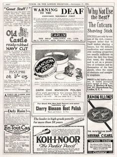 the front page of an old newspaper with advertisements for different types of foods and drinks