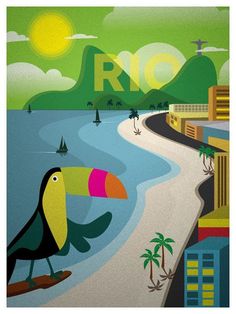 a painting of a toucan on the beach with buildings and mountains in the background