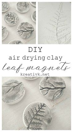 an advertisement for air drying clay leaf magnets with images of leaves and branches on them