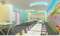 this is an image of a children's room with many tables and chairs in it