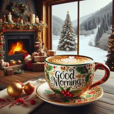 a coffee cup sitting on top of a saucer next to a christmas tree in front of a fireplace