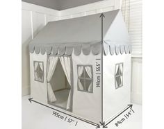 a white tent with windows and curtains on the inside is measurements for it to fit in