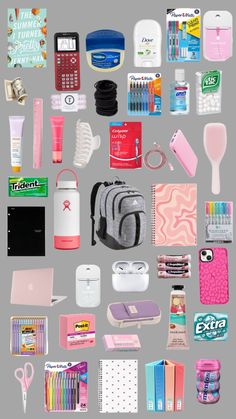 an assortment of items are arranged on a gray background, including toothbrushes, pens, and notebooks