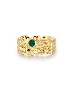 Nugget-textured statement ring featuring an inlaid Malachite Stone Ring is 11mm wide Ring weighs 6 grams Made from Brass with Malachite stone Plated Gold Available in US ring size 4, 5, 6, 7, 8 100% nickel-free and cadmium-free 1 year warranty Packaged in Luv Aj branded gift boxes Gold Nugget Ring, Personalised Jewellery Necklaces, Gold Nugget, Malachite Stone, Solitaire Studs, Diamond Shop, Wide Rings, Branded Gifts, Signet Ring