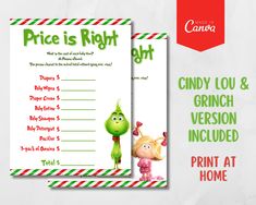 printable grinch christmas party game with price is right on the front and back