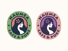 two stickers with the words haumaa cafe and poke on them