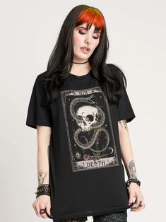 Snake & Skull Death Tarot T-shirt – Midnight Hour Goth Sweaters, Joy Division Shirt, Goth Tops, Snake Skull, Black And White T Shirt, Black And White T Shirts, Mesh T Shirt, Long Sleeve Outerwear, Kimono Dress