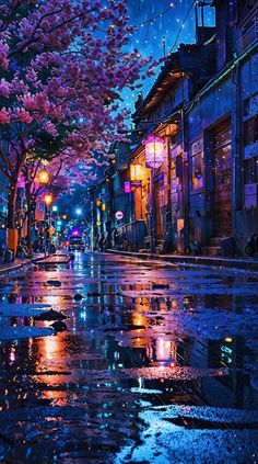 a city street at night in the rain with pink flowers on trees and umbrellas