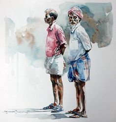 two men standing next to each other in front of a white wall with watercolor paint on it