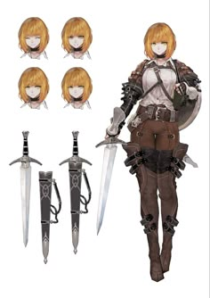 an image of a woman with two swords and six other items in front of her