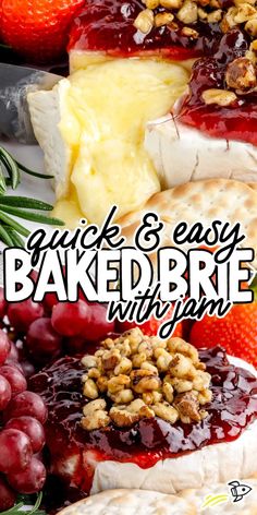 baked brie with cranberry sauce and walnuts on top, surrounded by fresh fruit