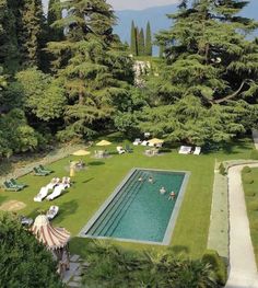 an aerial view of a pool surrounded by trees