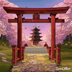 Asian Temple Drawing, Japanese Temple Illustration, Japanese Temple Drawing, Japanese Temple Art, Tori Gate, Blue Jurassic World, Japan Temple, Arte Aesthetic, Colour Drawing