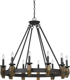 an iron and wood chandelier with six lights