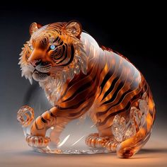 a glass tiger figurine sitting on top of a table next to a black background