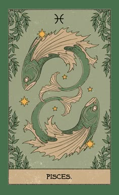 a tarot card with two fish on it and the word pisces written in gold